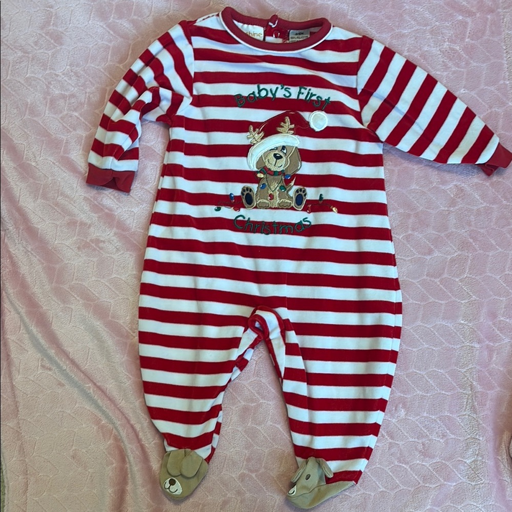 Baby’s First Christmas red and white stripe footie